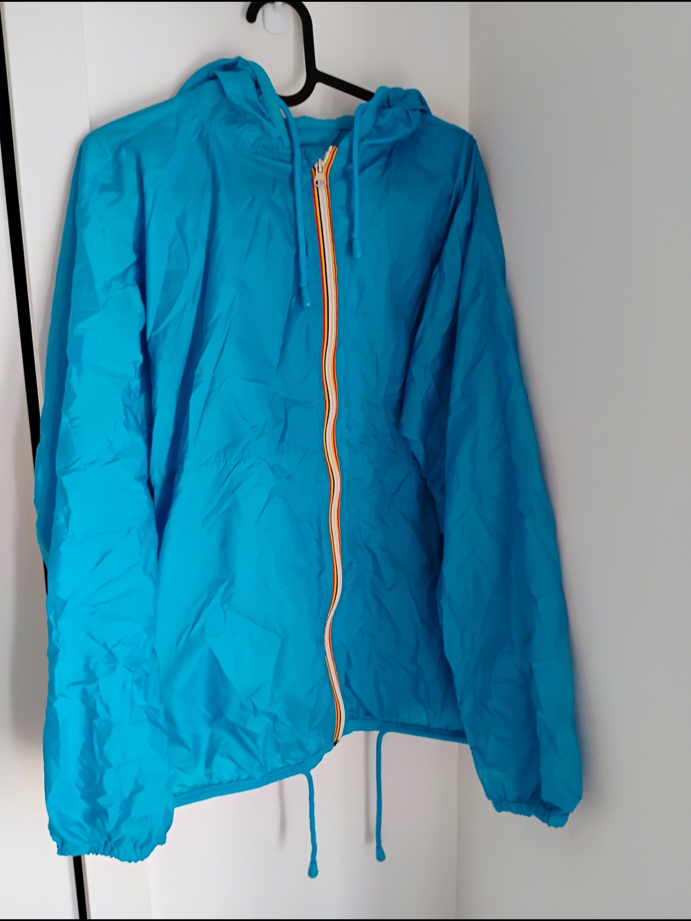 K-Way Turquoise Blue Hooded Windbreaker with Orange-Trim Zip
